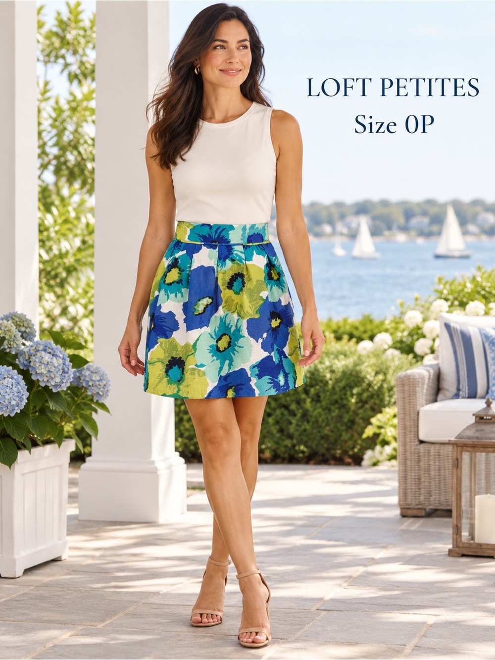 LOFT Petites 0P Blue Green Floral Pleated Linen Blend Skirt
